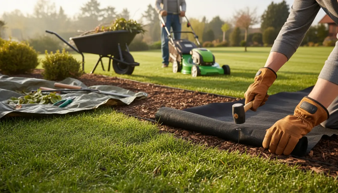 Hænder ruller landskabsfleece ud langs bedkanten i en forårsklar have med en plæneklipper i baggrunden.