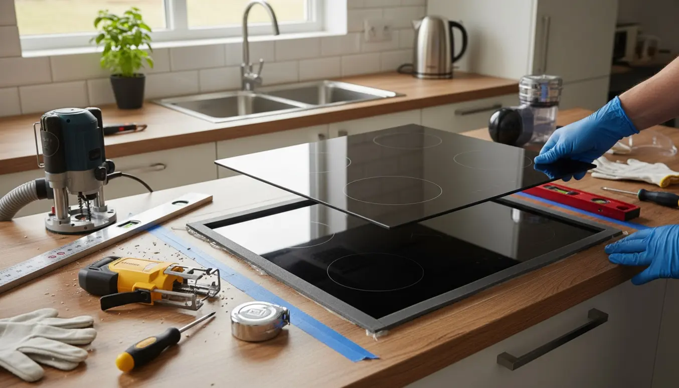 Nærbillede af en ny induktionskogeplade, der sættes i en justeret udskæring i køkkenbordet med værktøj omkring.
