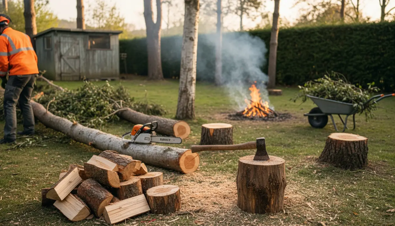 Fældning af træer i haven med stablet brænde, motorsav og en lille kontrolleret brændbunke.