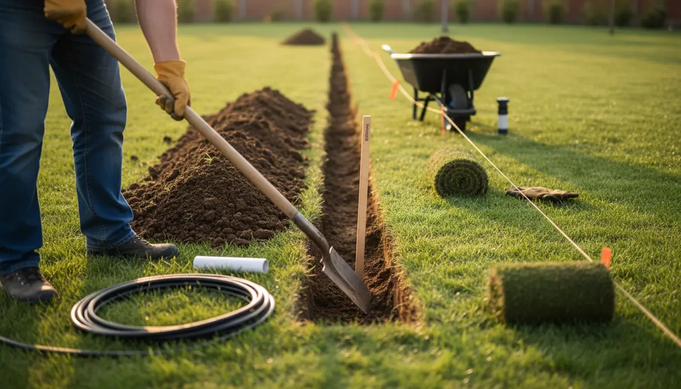 En nygravet rende i en græsplæne klar til kabel, med spade, kabelrør og opgravet jord ved siden af.