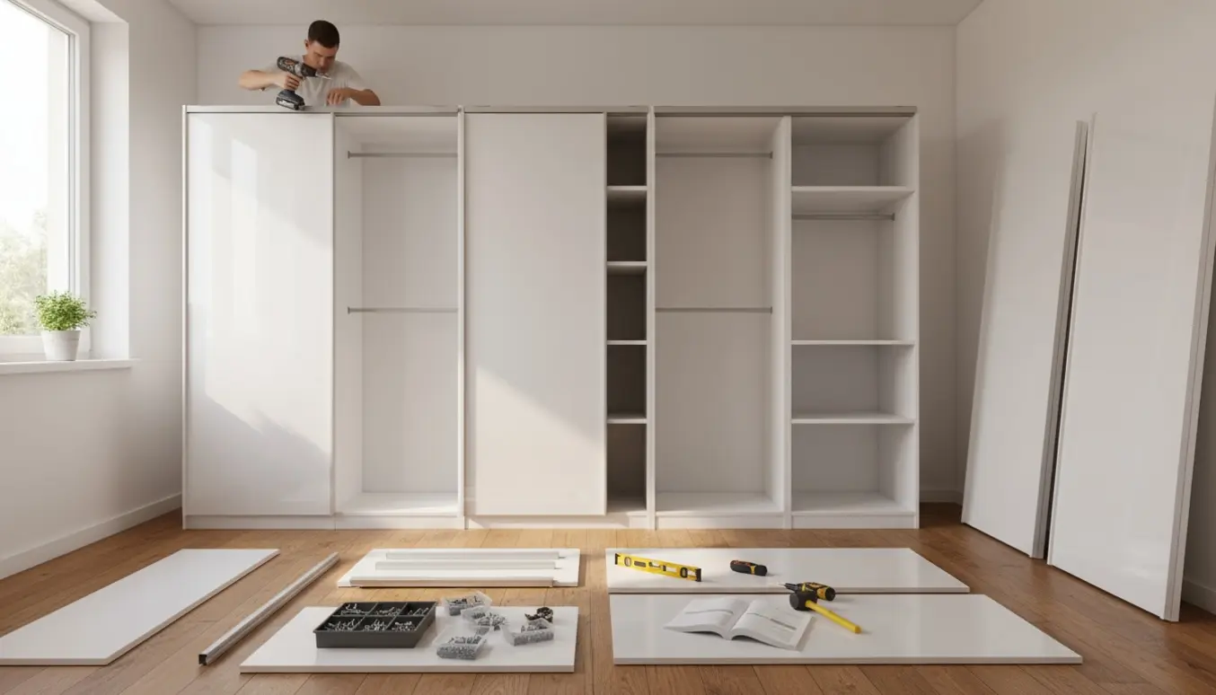 Delvist samlet hvidt skydedørsskab og fem åbne garderobemoduler med værktøj i et lyst rum.