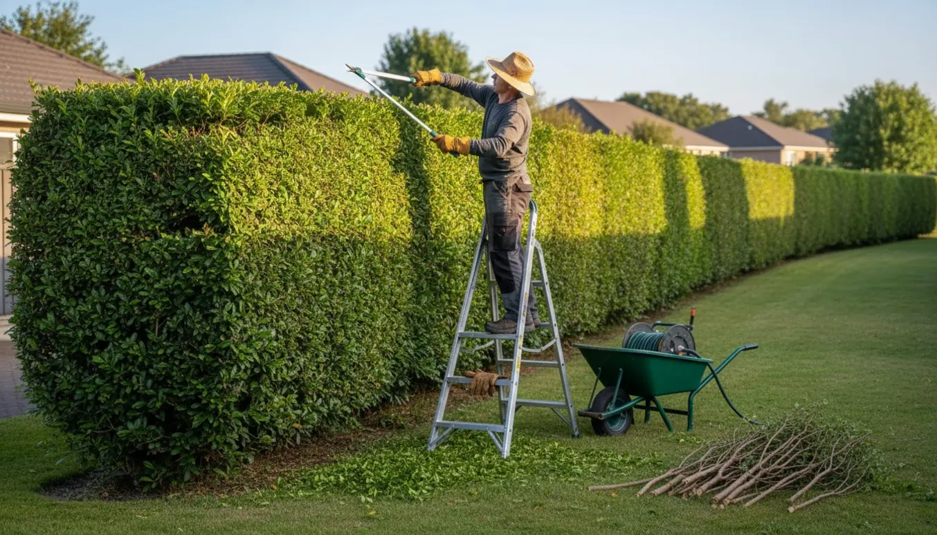 En havehjælper beskærer toppen og siden af en lang ligusterhæk med friske afklip og værktøj i forgrunden.