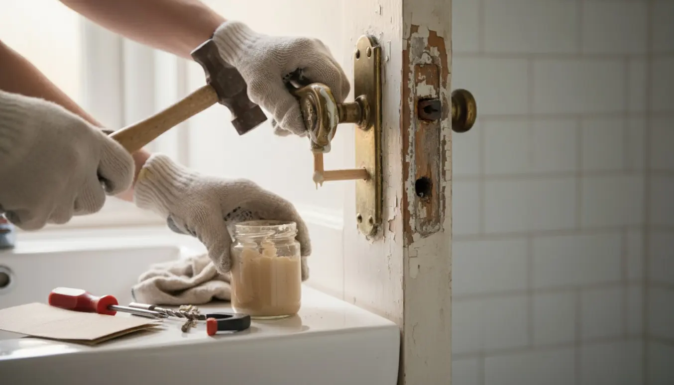 Hænder reparerer et løst dørhåndtag på en gammel toiletdør med træfyldstof og værktøj.