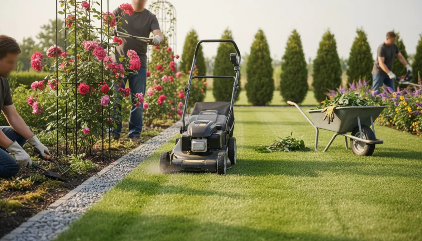 Gartner arbejder i solrig have med plæneklipper, beskæring af klatrerose og rensning af stenbed.