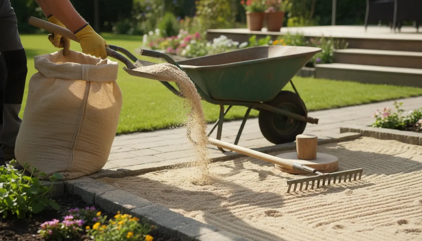 En person fordeler sand fra en stor sæk i baghaven med skovl, trillebør og rive.