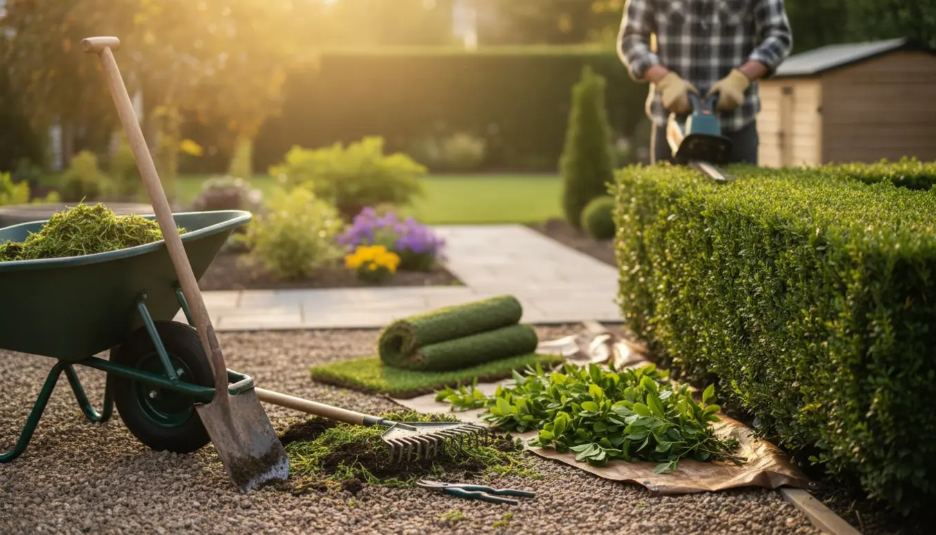 Havearbejde med hækklipning, værktøj og nylagt sti i en solbeskinnet have.