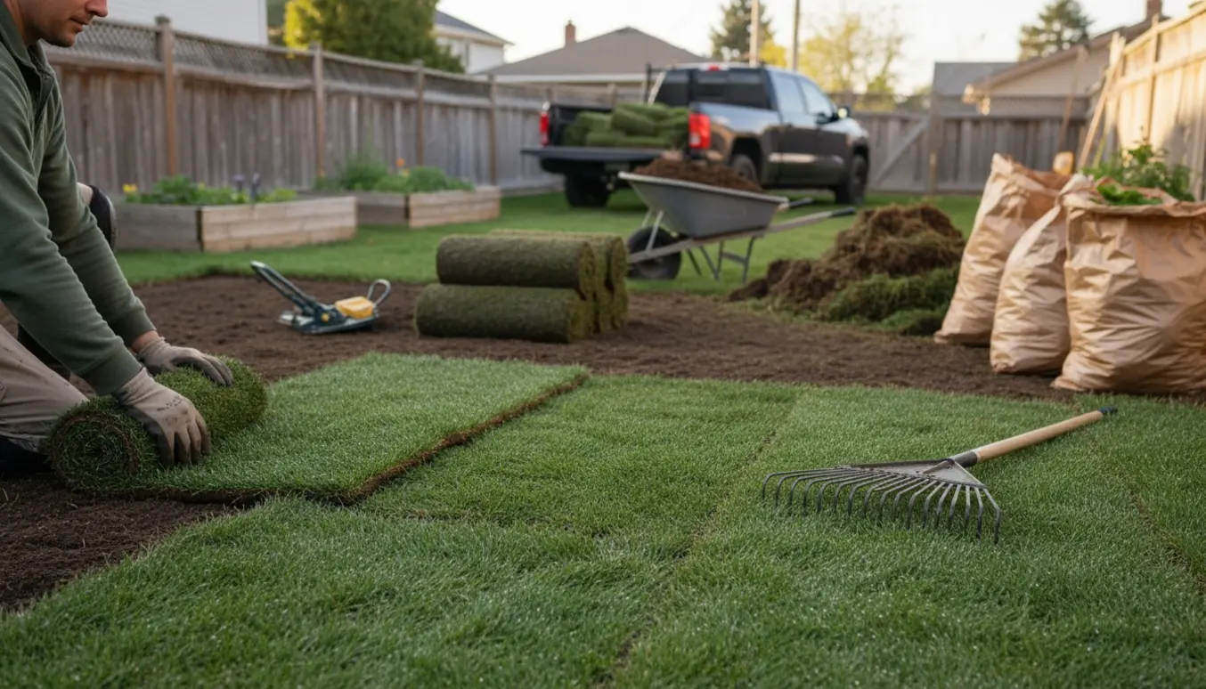 Rullegræs bliver lagt i en villahave, mens havesække og trailer med haveaffald står klar til bortkørsel.