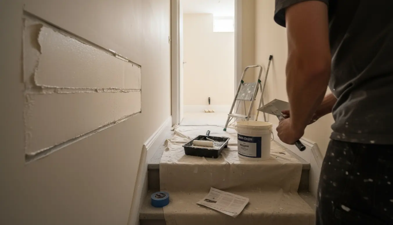 En person spartler tre små riller i væggen i en kælderopgang, mens et lille malerrum ses i baggrunden.