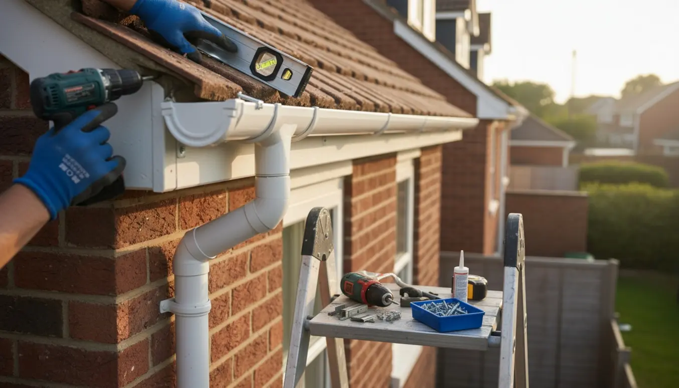 Ny tagrende og nedløbsrør monteres på et rødt rækkehus, håndværkerens hænder ses ved arbejdet.