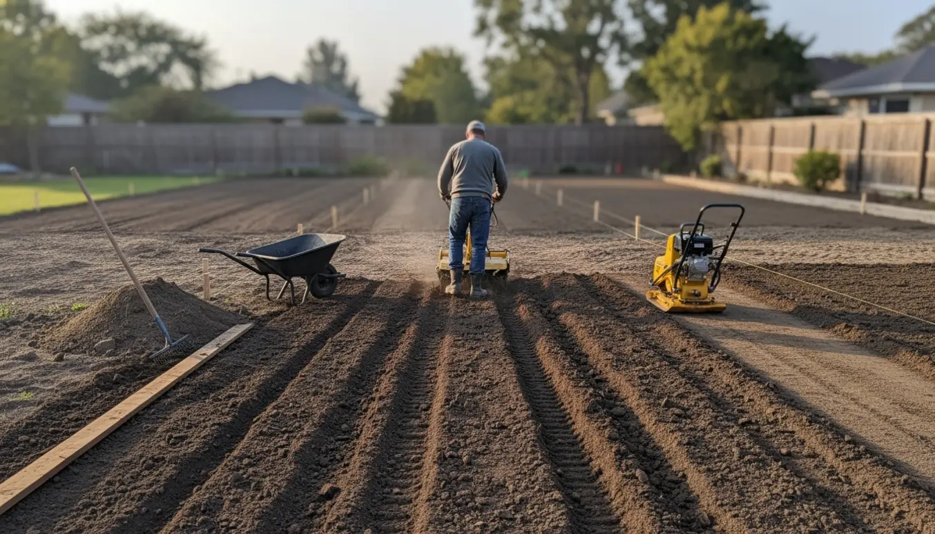 Stort baghaveareal fræset, planeret og stampet med fræser og pladevibrator.