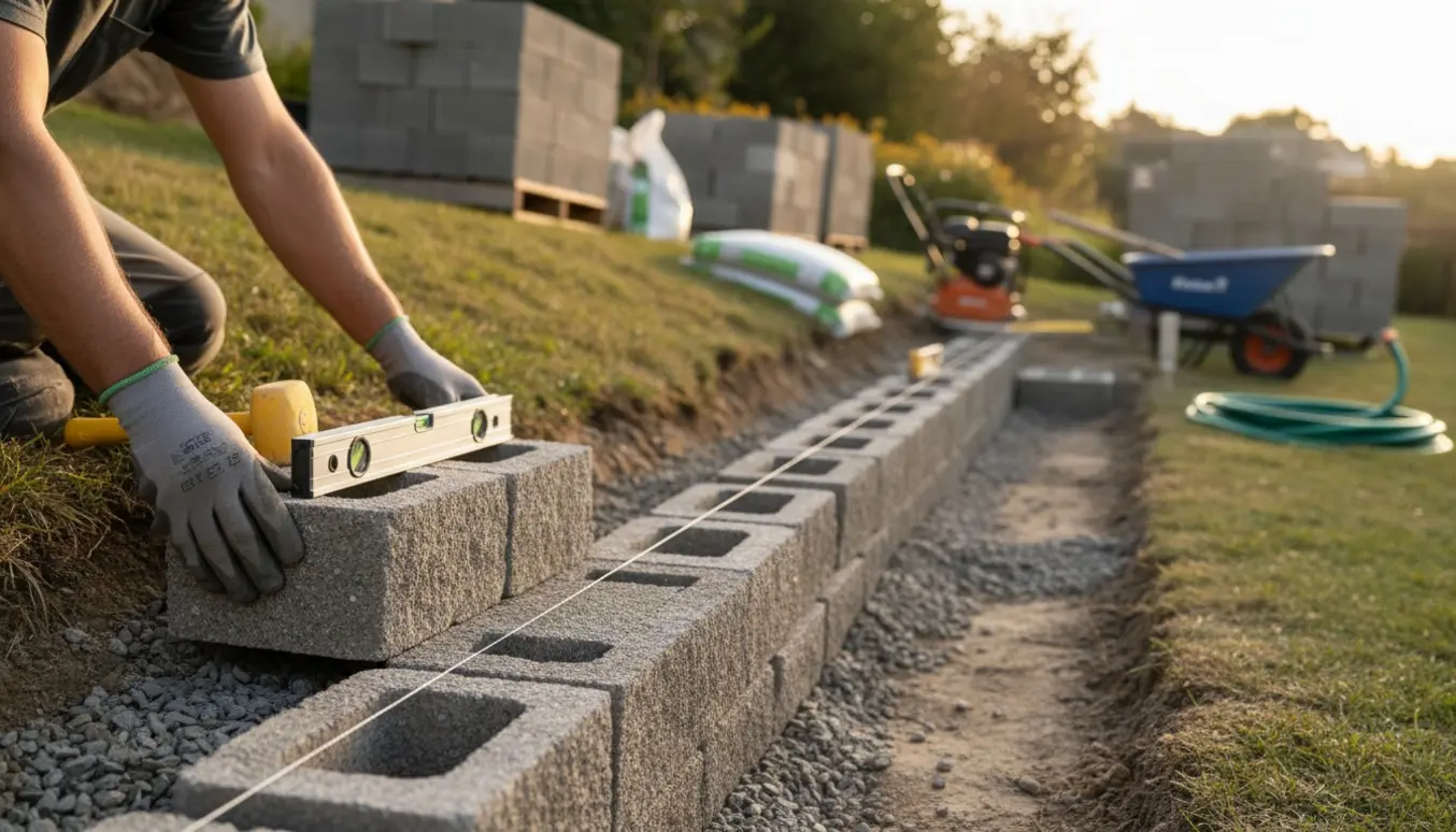 Støttemur under opbygning i have med blokke, værktøj og indkøbte materialer.