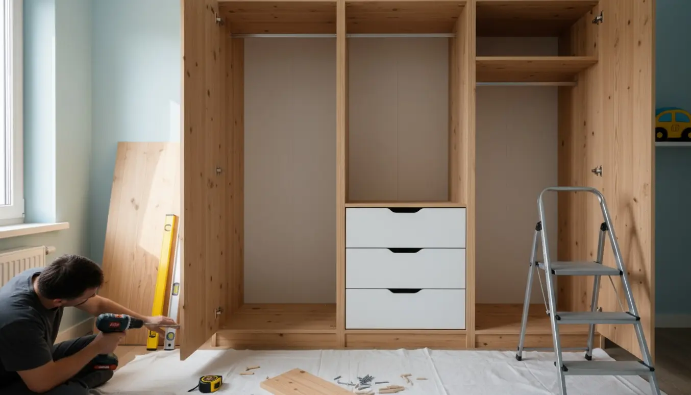 Delvist monteret lofthøjt skab i et børneværelse med værktøj og åbne hylder.