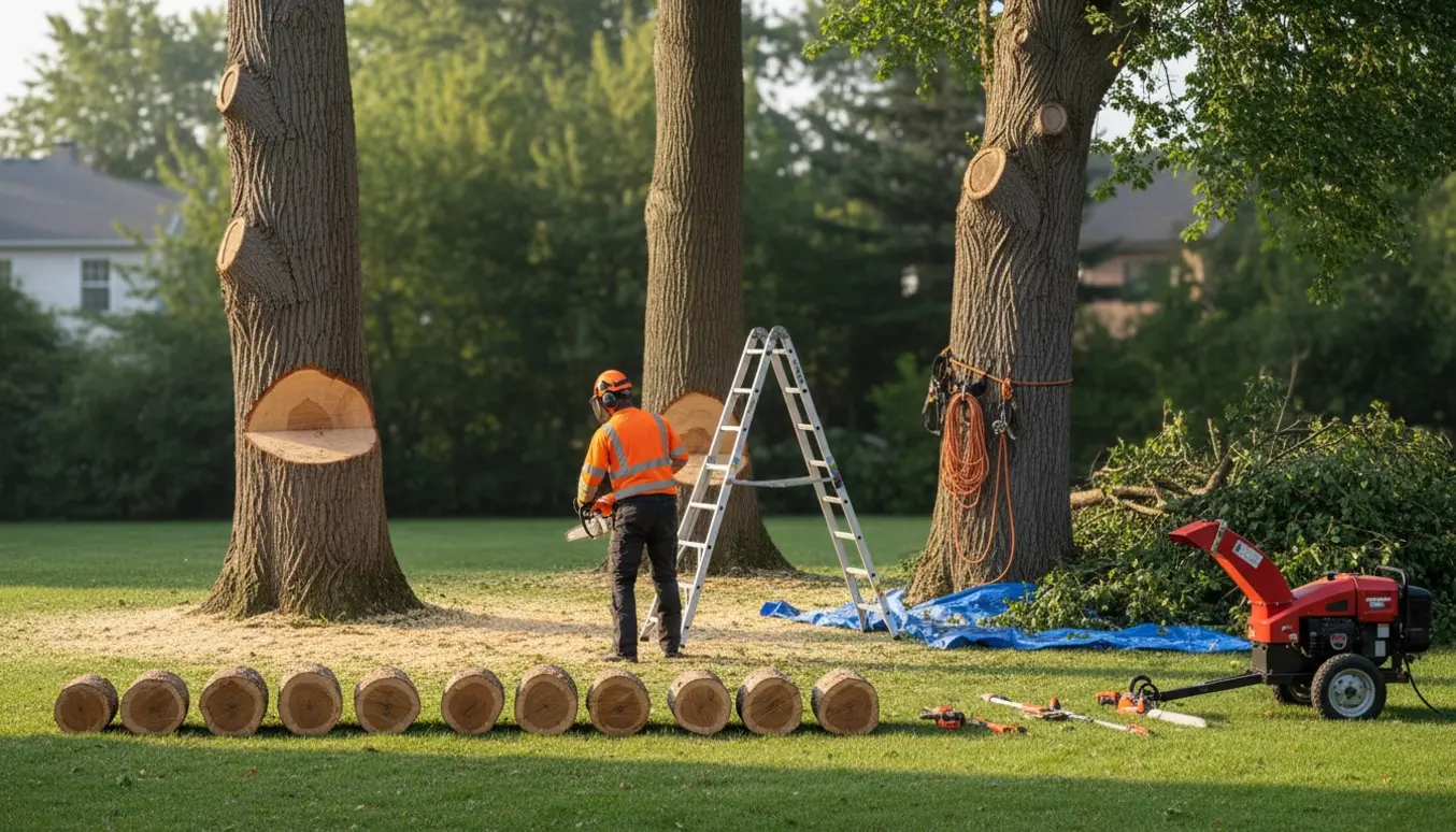 Tre store træer i en have er savet ned til omkring 2 meter med stumper, savsmuld og værktøj omkring.