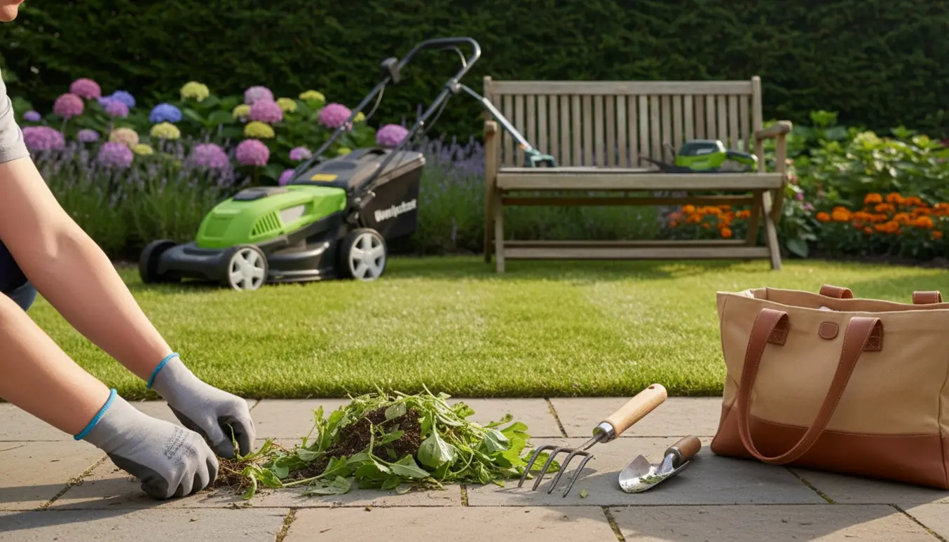 Hænder fjerner ukrudt mellem terrassefliser med nyslået græs og nyklippede hække i baggrunden.