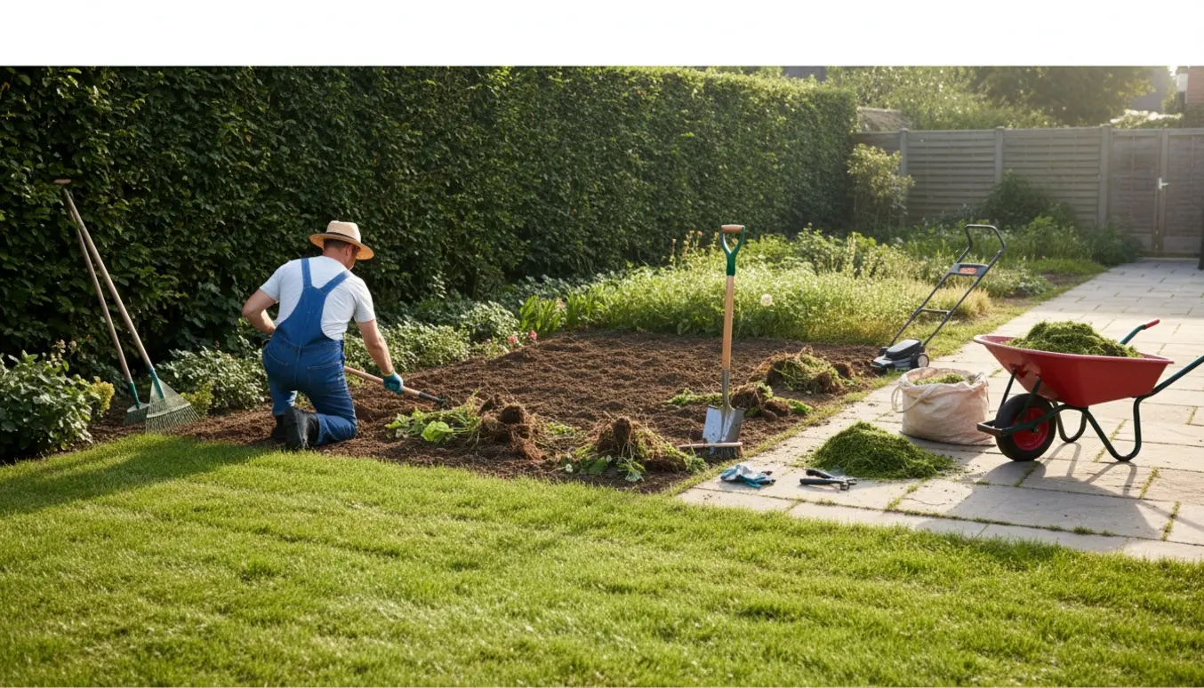 Håndbeklædt person fjerner ukrudt fra bede langs en hæk, nyklippet græs og rydning af ukrudt fra terrasse.