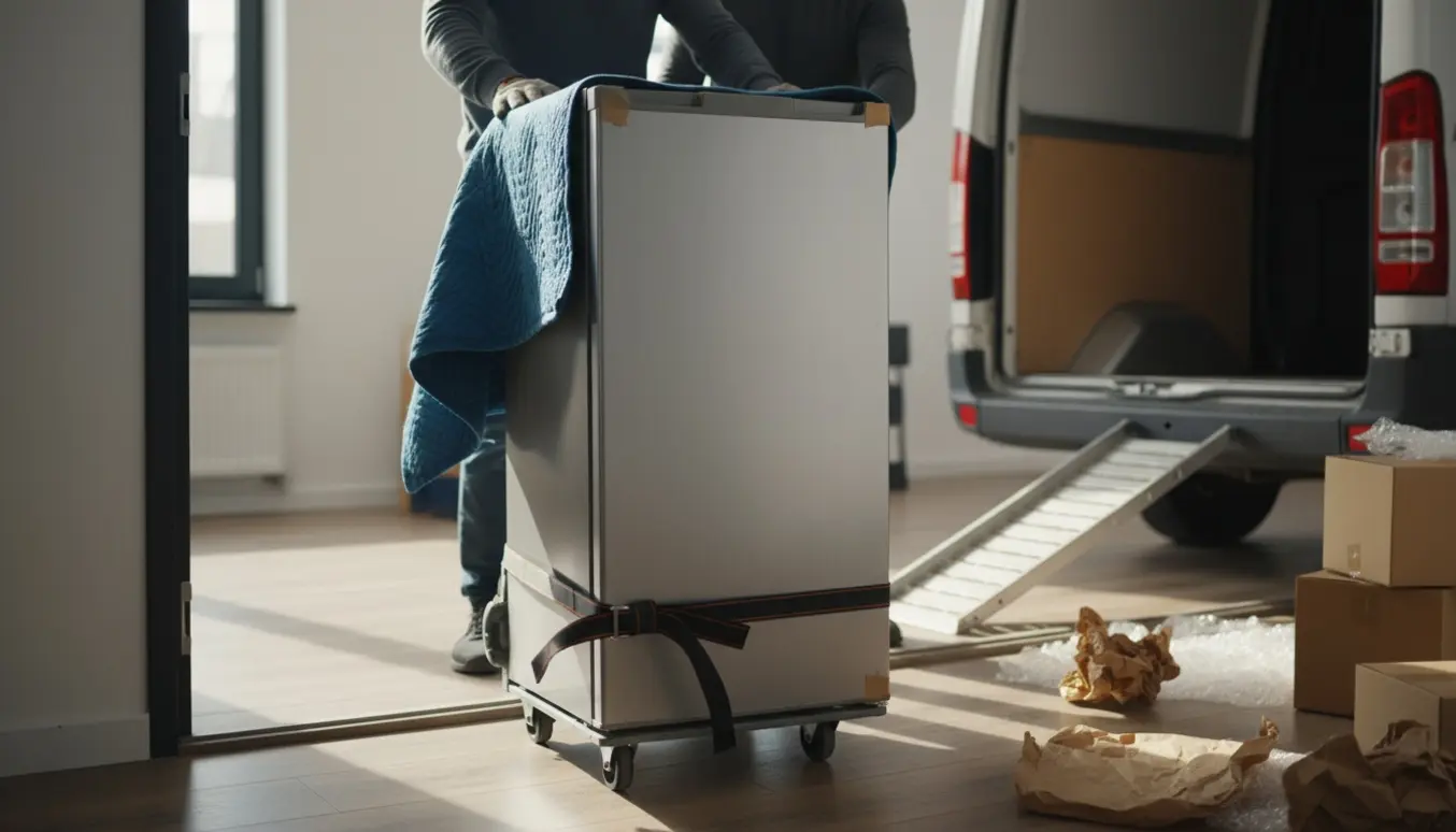 Et kompakt køleskab på en møbeltralle bliver læsset ind i en flyttevogn af handskerklædte hænder.
