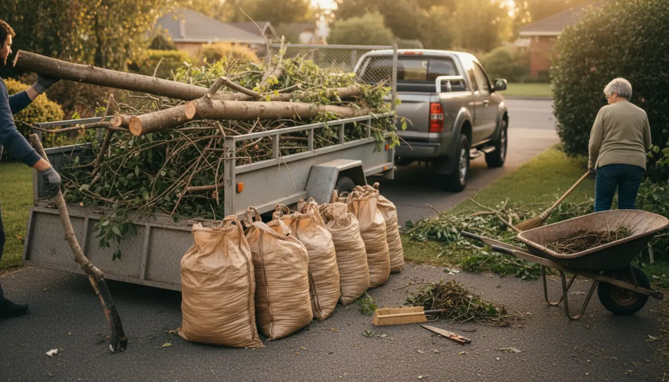 Trailer fyldt med afklippede grene og sække ved indkørsel, folk læsser og fejer uden synlige ansigter.