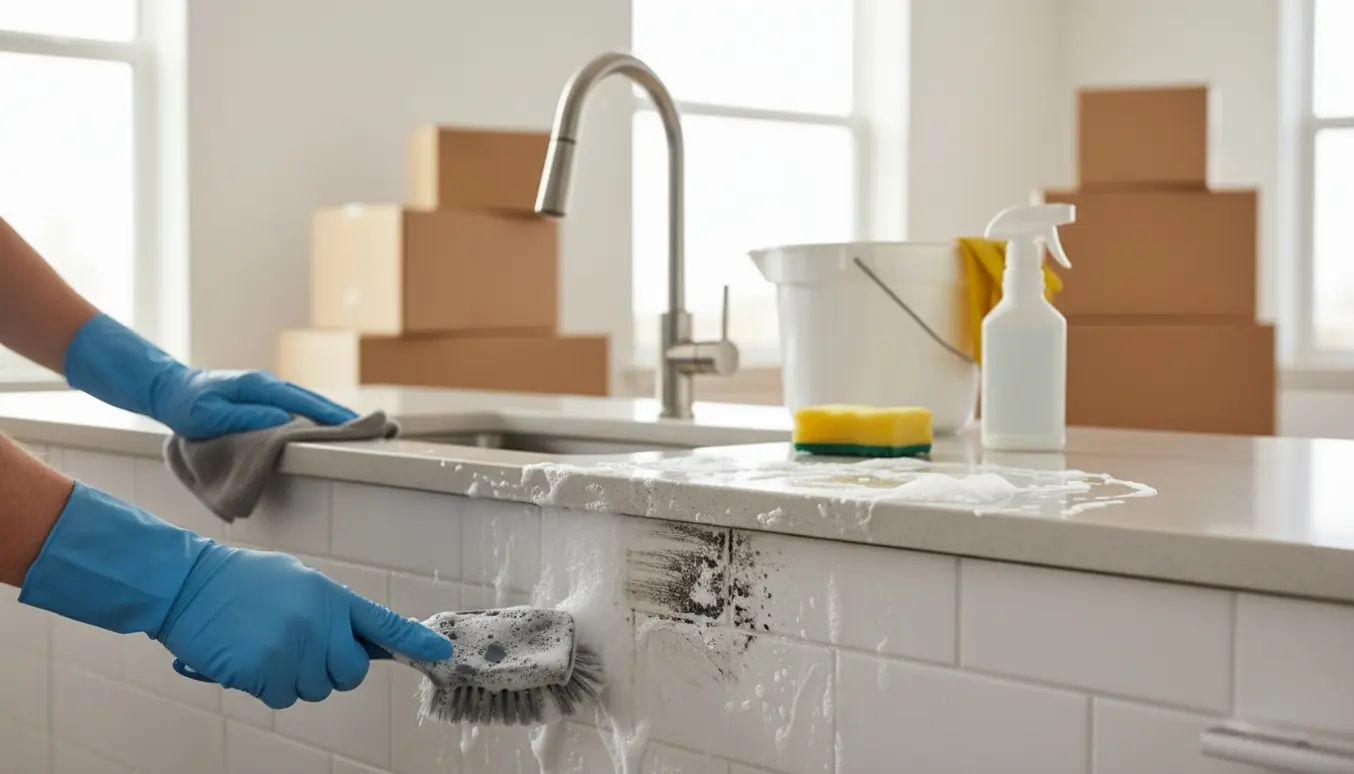 Handsker skrubber skimmelsvamp fra badeværelsesfliser mens rengøringsudstyr og et køkken ses i baggrunden.