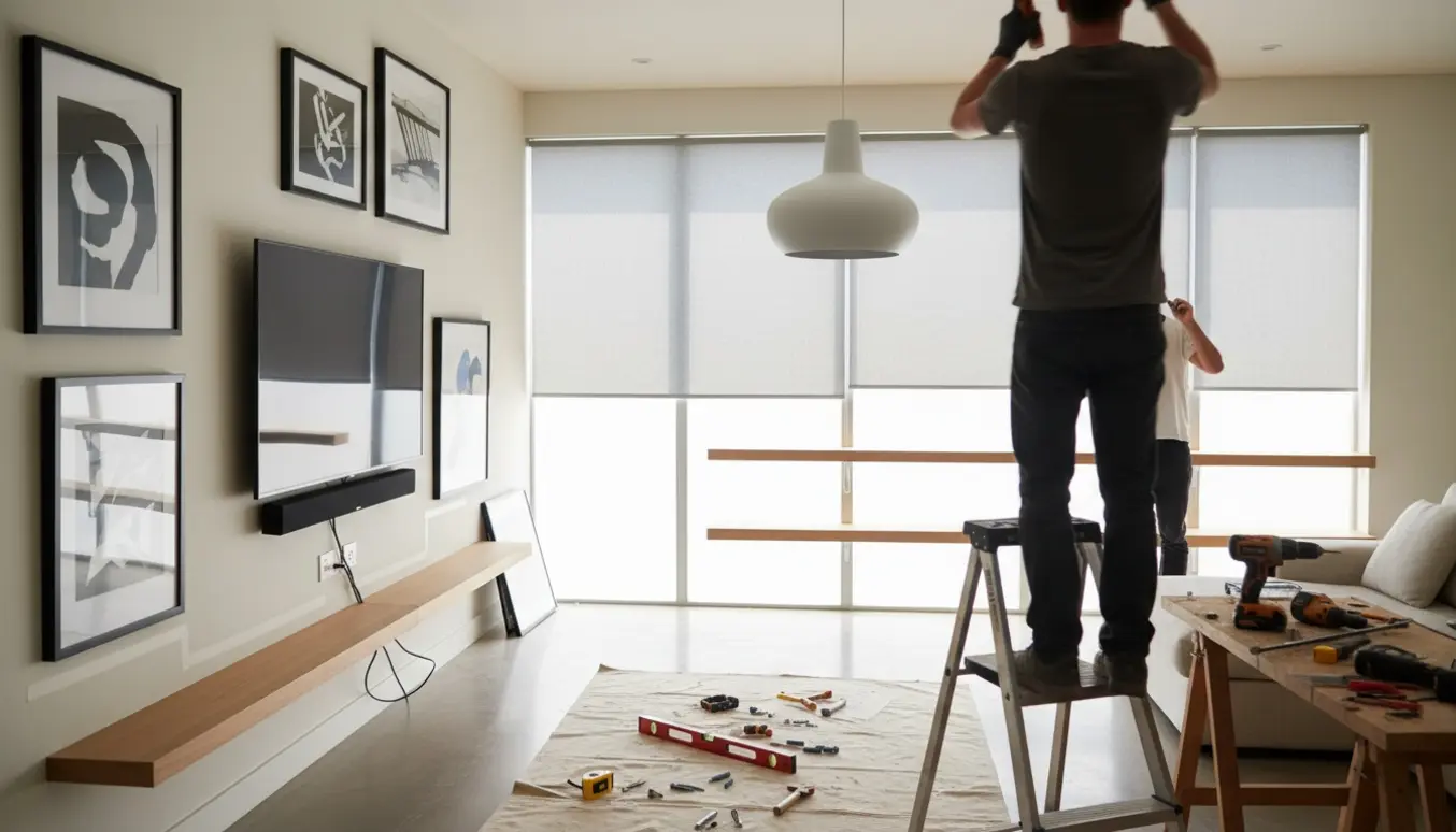 Montør hænger lamper, malerier, fladskærm, gardiner og hylder op i en lys, moderne stue.