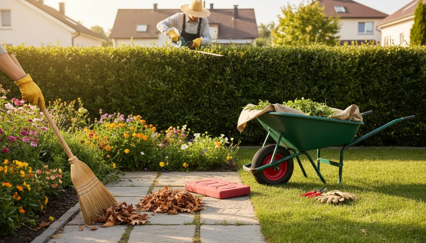 Nogen klipper hæk og fejer blade væk i en solbeskinnet baghave.