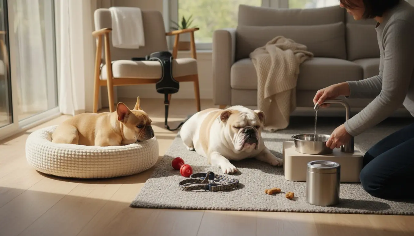 To bulldogs i et hyggeligt hjem mens en hundepasser fylder vandskåle, ansigtet ikke synligt.