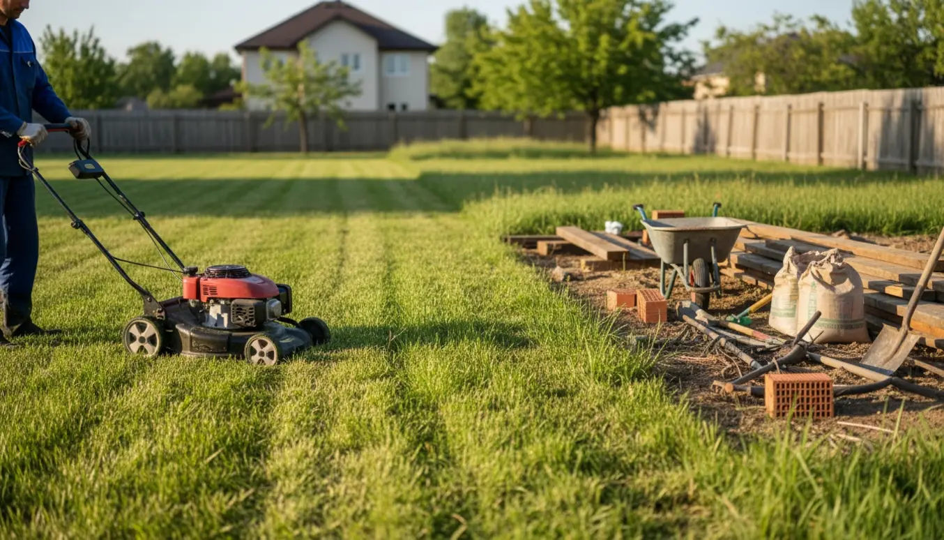 Græsslåmaskine skærer en stribe på en stor grund, mens byggeaffald ligger uafhøvlet i et hjørne.