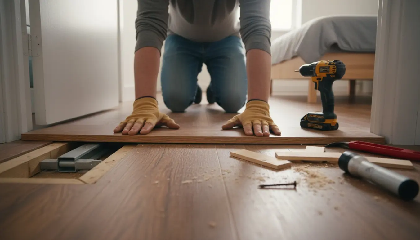 Hænder trykker på et gyngende gulvbræt ved en døråbning med værktøj som en justerbar gulvjack og kiler i nærheden.