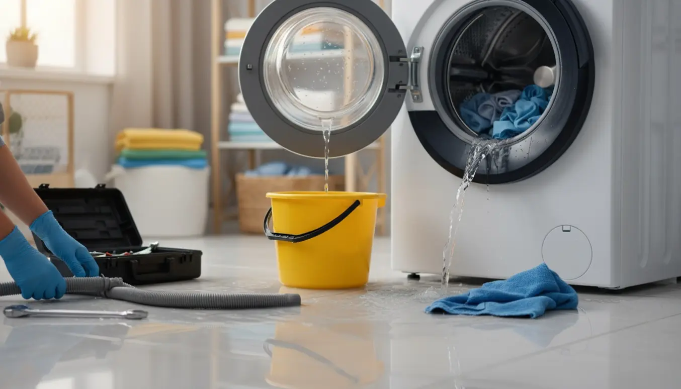 En moderne frontbetjent vaskemaskine lækker vand på flisegulvet, hænder med gummihandsker prøver at stoppe lækagen.