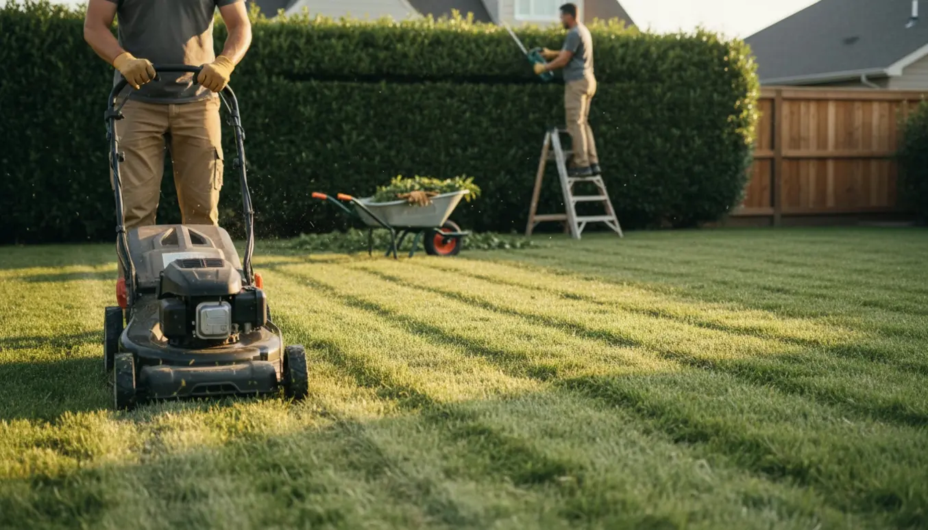 Person slår græs med plæneklipper og trimmer en høj hæk i en solrig have.