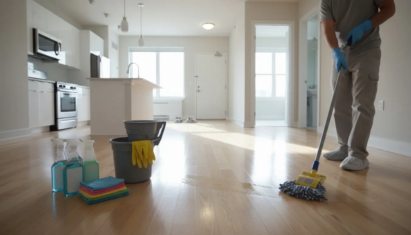Rengøringsudstyr og hænder i skoovertræk mopper nymalede gulve i en tom lejlighed.