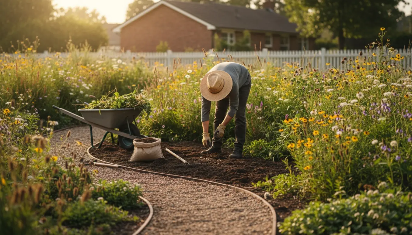 En havehjælper fra ryggen sår frø og rydder kant i en vild parcelhushave med rive, trillebør og kompost i blødt morgenlys.