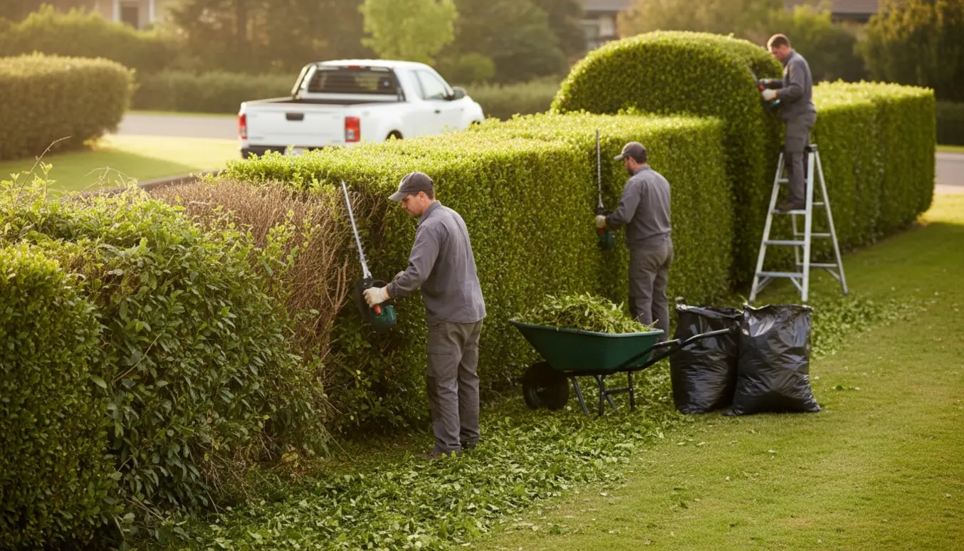 To haverarbejdere trimmer en lang hæk fra begge sider og toppen, mens afklip samles i sække.