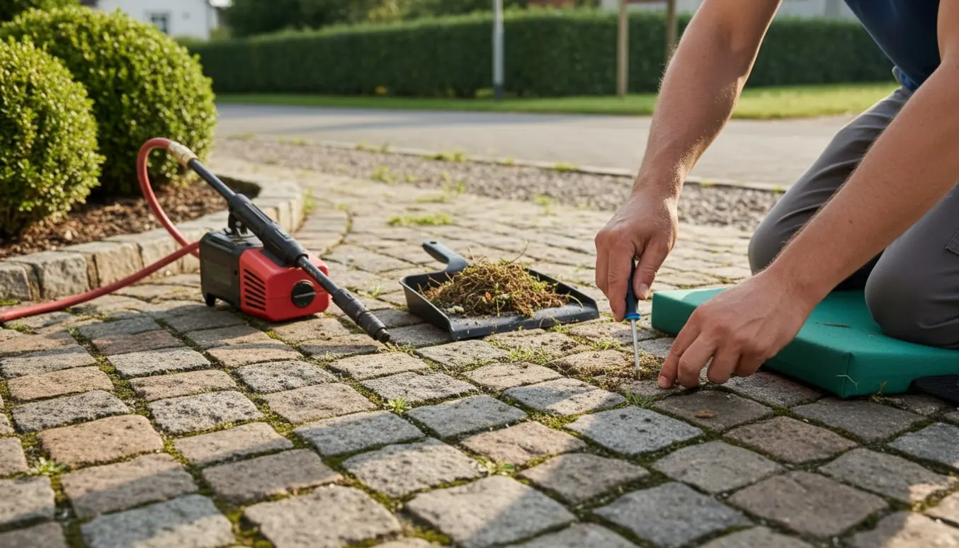Nærbillede af hænder på en knæpude, der fjerner ukrudt mellem brosten med en flad skruetrækker, med en ukrudtsbrænder og en lille bunke ukrudt i baggrunden.