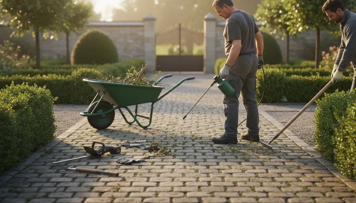 Person i handsker sprøjter og fjerner ukrudt på en gårdsplads ved indkørslen med nyklippede buske og en bunke grene.