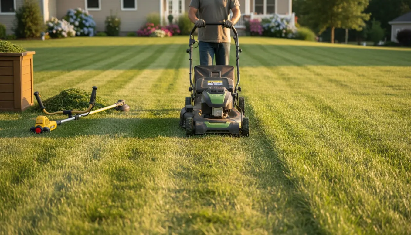 En græsslåmaskine klipper en forstadslawn, hvor den ene halvdel er nyslået og stribet.