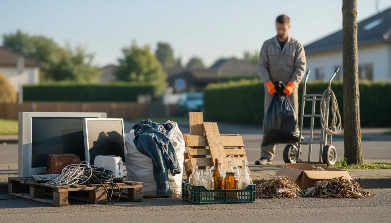 Blandet skrald sorteret i sække og bunker ved fortovet med tøj, elektronik, træ og glas.