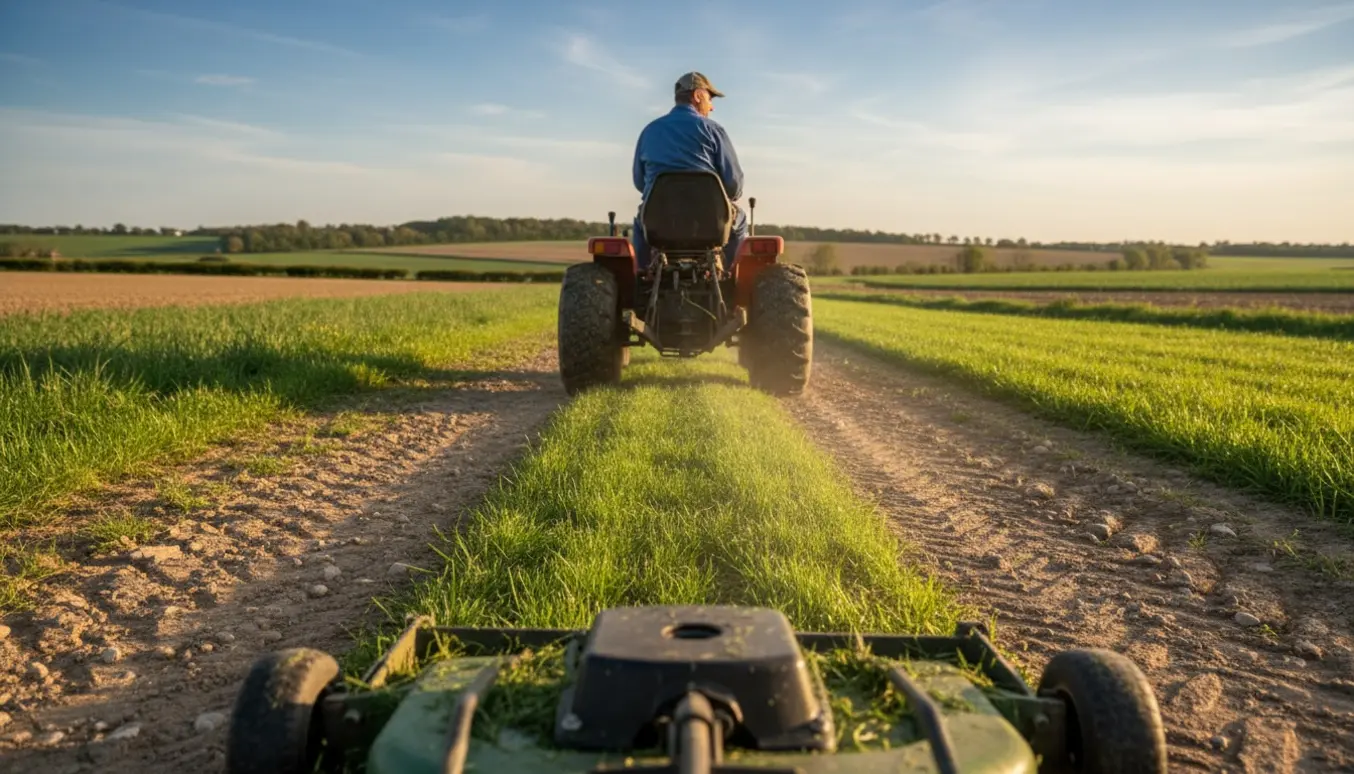 Havetraktor slår midterstykket af en markvej, med friskklippet græs mellem hjulsporene.