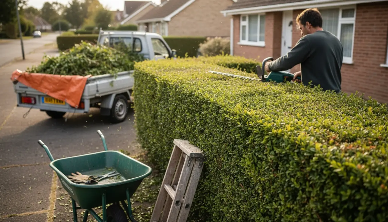 En person fra ryggen klipper en tæt ligusterhæk ved et parcelhus med trailer fyldt med afklip.