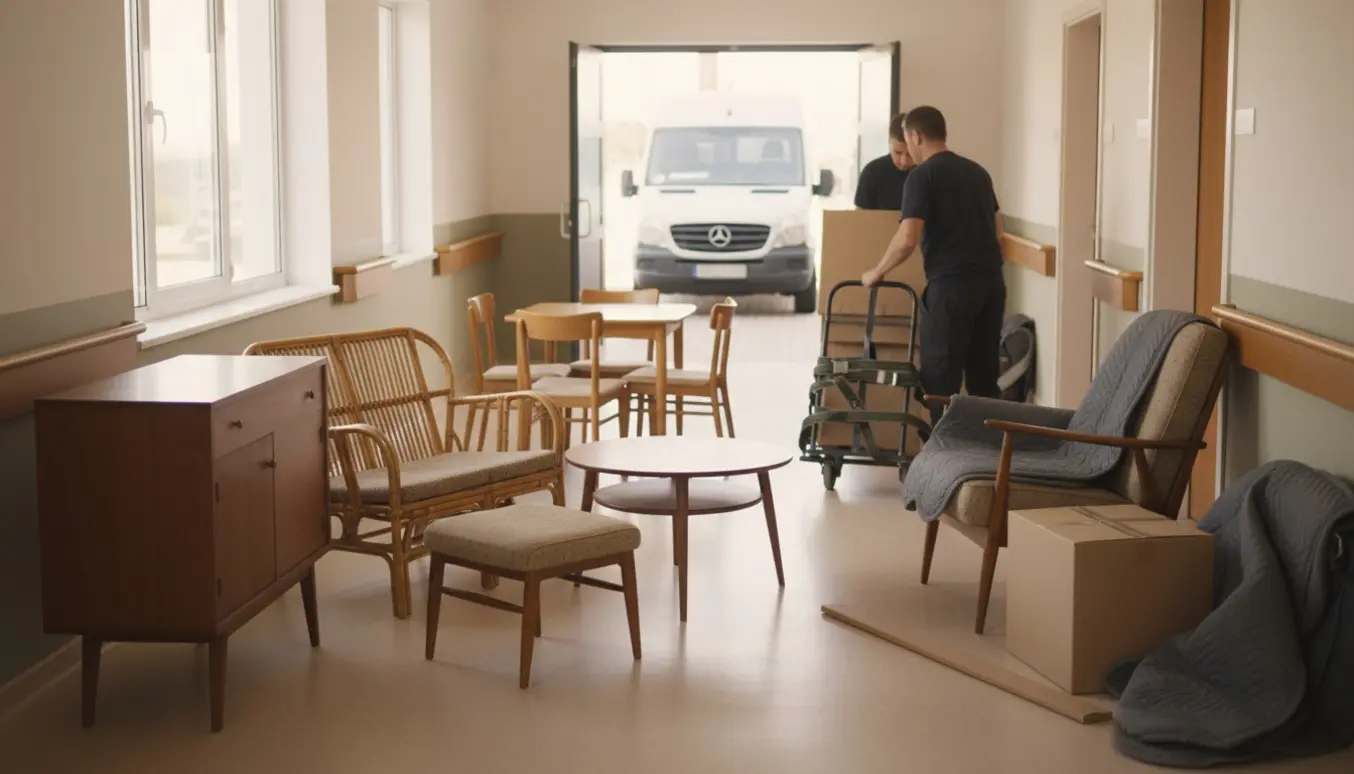 Møbler fra et plejehjem samlet og pakket i en lys gang, klar til flytning.