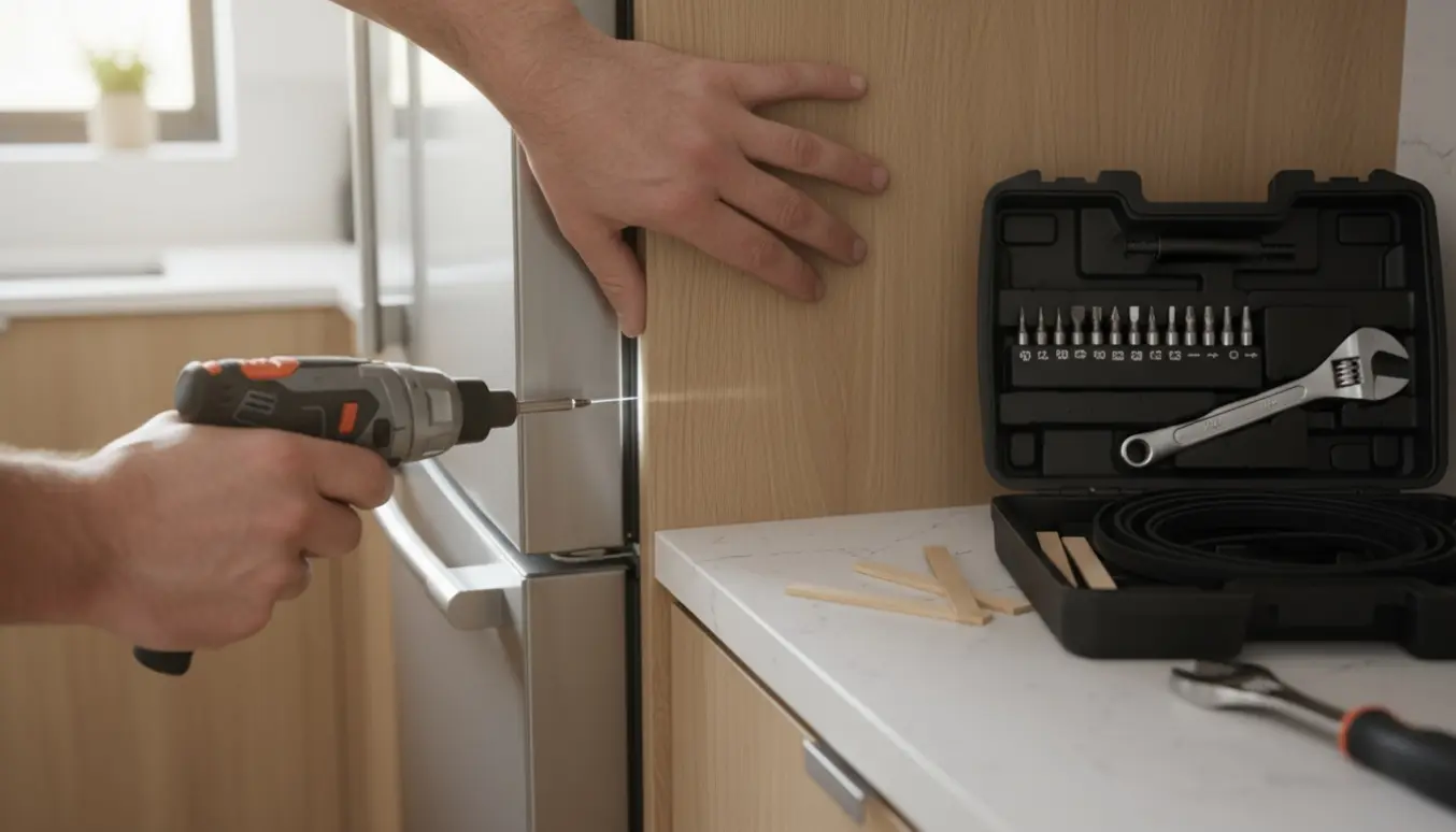 Hænder justerer hængslet på et integreret køleskab med en synlig utætning i et lyst køkken.