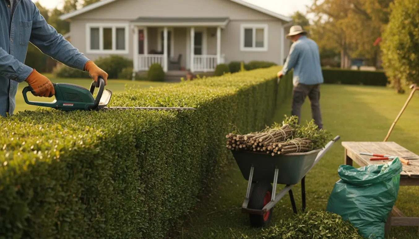Havehjælper trimmer en ca. 15 m hæk, mens afklip samles i trillebør klar til bortkørsel.