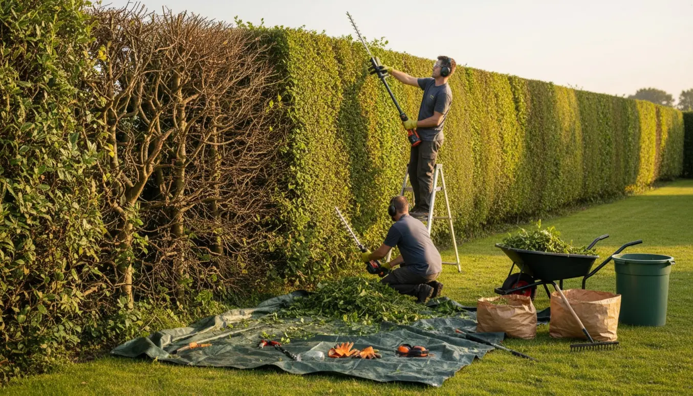 Lang hæk delvist klippet med værktøj, trillebør og afklip klar til bortskaffelse.