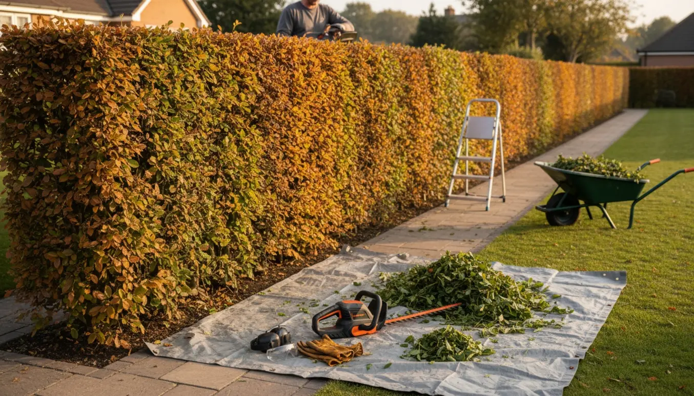 Lang bøgehæk på cirka 1,8 m højde, delvist nyklippet med hækafklip og trimmer på jorden.