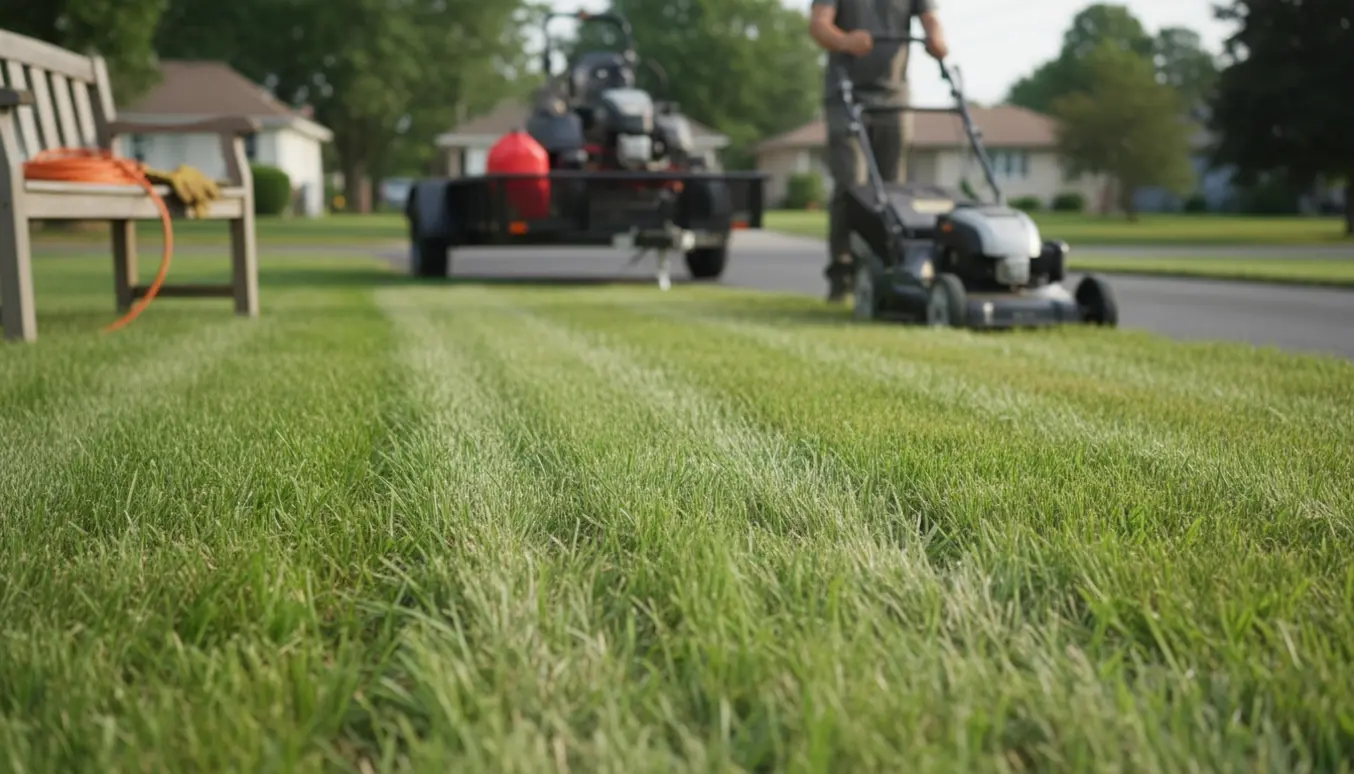 En person slår græsset på en forhave med en plæneklipper, hvor nyslåede striber er synlige.