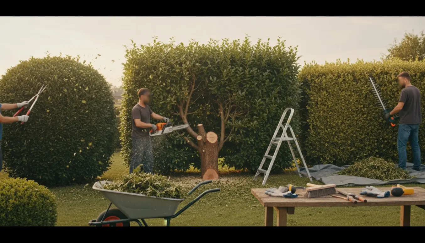 Tre hække trimmes side om side i blødt morgenlys, den ene med motorsav, den anden med hækkeklipper og den tredje med håndsakse, med værktøj og afklip i forgrunden.