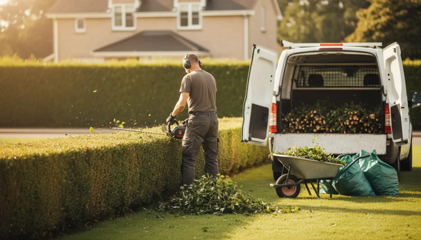 Håndværker trimmer toppen af en lang hæk, med afklippede grene pakket i en hvid varevogn.