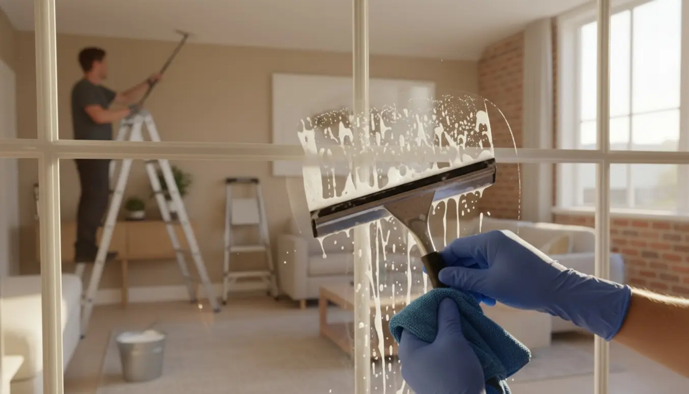 Hænder pudser et stort ruderparti med skraber og mikrofiberklud, mens en pudser på stige ses udvendigt.