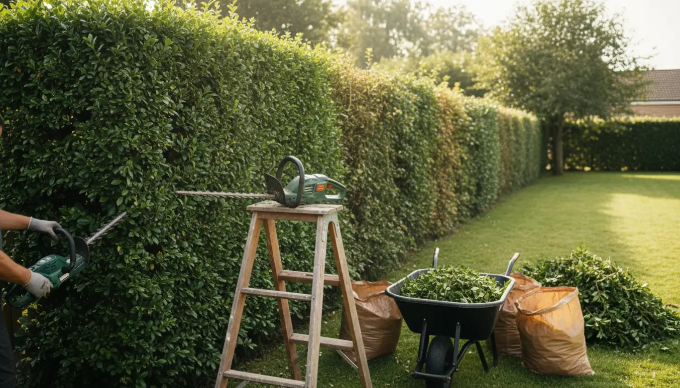 Lang ligusterhæk i have, halvt klippet med hækkeklipper og bunker af afklip klar til bortskaffelse.