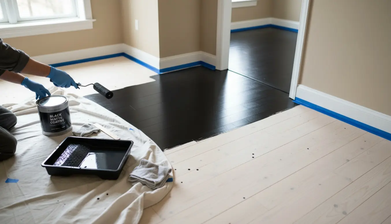 Hænder maler et trægulv sort med rulle i en lille toværelses lejlighed, hvor halvdelen allerede er malet.