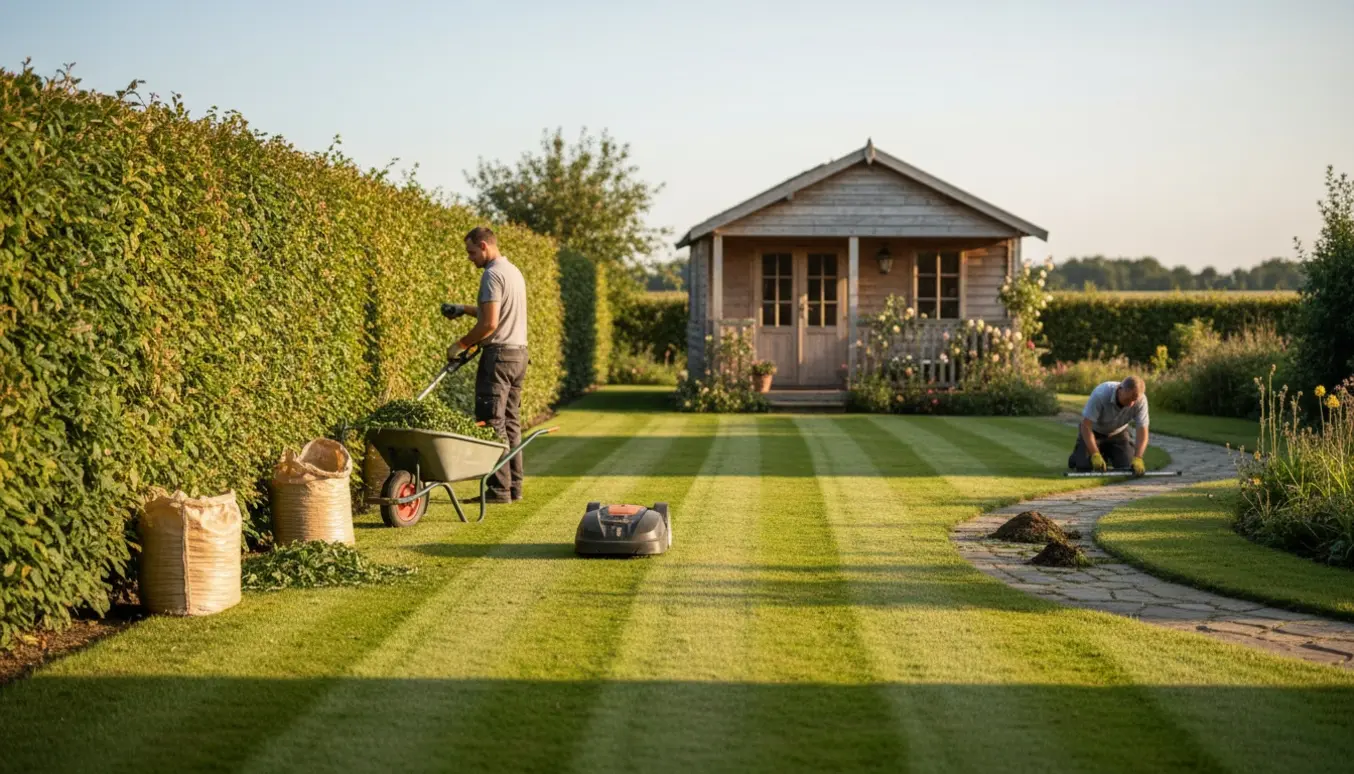 Sommerhushave med nyslået plæne, hæk der klippes og opsamlede afklip klar til afhentning.